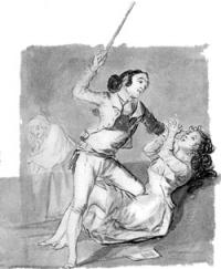 «Mujer maltratada con un bastón», Álbum de Madrid. Dibujo a la aguada y tinta china sobre papel. Autor Francisco de Goya